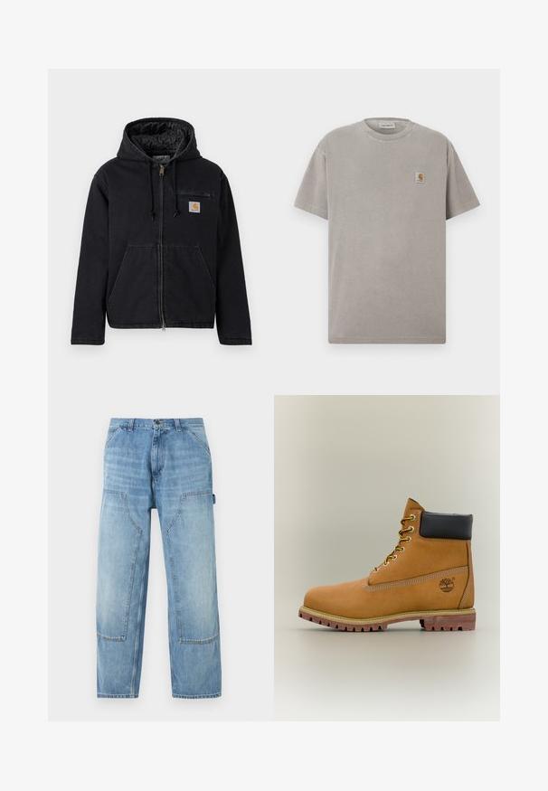 Sort hættejakke lavet af denim med lynlås foran, store forlommer og et lille logopatch på venstre bryst. Quiltet for.; Grå bomuld t-shirt med korte ærmer, rund hals og en lille firkantet logo-patch på venstre bryst. Glat tekstur og afslappet pasform.; Lyseblå denim-snedkerbukser med store frontlommer og en hammerstrop på højre side, lige ben.; Brun læderankelstøvle med sort krave, gule snørebånd og tanfarvet sål. Har logo og hvide syninger som detalje. Robust ydersål med greb.