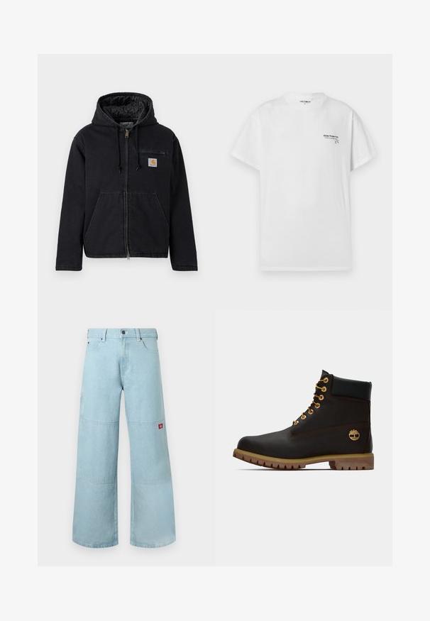 Veste noire à capuche en denim, dotée d'une fermeture éclair frontale, de grandes poches avant et d'un petit patch logo sur le côté gauche de la poitrine. Doublure matelassée.; T-shirt blanc à manches courtes en coton avec un col rond. Présente un petit logo noir imprimé sur la poitrine gauche. Coupe standard.; Jean large bleu clair en denim avec des patches contrastants. Il présente une fermeture à boutons à l'avant et un petit patch logo sur la poche latérale.; Bottine noire en cuir avec œillets dorés, accents marron et semelle en caoutchouc. Comprend un col rembourré et un logo estampé sur le côté.
