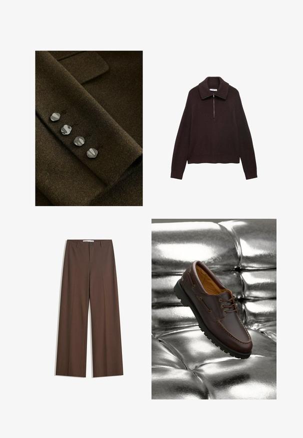 Tissu en laine marron à la texture douce, présenté avec quatre boutons argentés brillants et courbés sur le poignet pour plus de détails et une fermeture sécurisée.; Pull en tricot marron avec un large col, fermeture à demi-zip à l'avant et épaules tombantes. Présente une texture côtelée et une longueur crop.; Pantalons larges marron avec une texture lisse, des plis à l'avant, une fermeture à bouton et deux poches latérales. Conçus pour le confort et la polyvalence.; Bateau en cuir marron avec semelle en caoutchouc noir reposant sur une surface métallique argentée brillante et capitonnée.