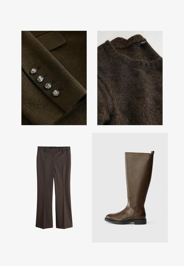 Tissu en laine marron à la texture douce, présenté avec quatre boutons argentés brillants et courbés sur le poignet pour plus de détails et une fermeture sécurisée.; Pull en tricot texturé beige avec un col montant et une étiquette portant la mention "NEXT" sur le col. Matériau doux et duveteux avec un tissage dense.; Pantalon ajusté pour femme de couleur marron foncé avec fermeture par bouton et zip, passants pour ceinture et légère évasement en bas.; Bottine en cuir marron, hauteur genou, avec une texture lisse, bout rond, talon noir bas et une languette en haut pour un enfilage facile.