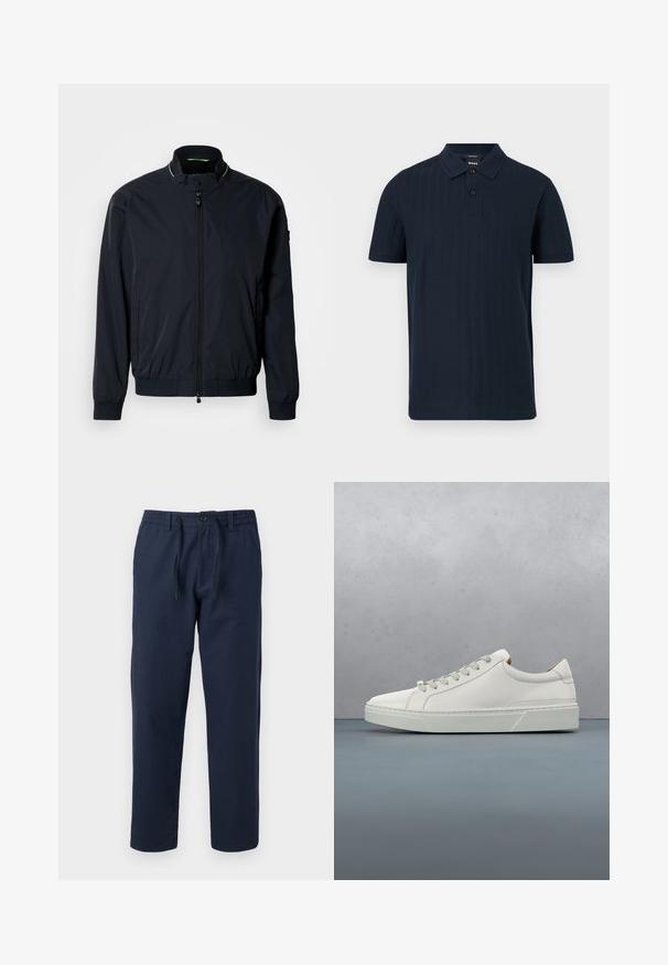 Veste aviateur marine, matériau léger, poignets et ourlet côtelés, col montant, deux poches latérales et fermeture éclair sur le devant. Design minimaliste.; Polo bleu marine à manches courtes avec col, deux boutons et texture subtile de rayures verticales, présenté sur un fond blanc.; Pantalon bleu marine droit avec taille élastique, fermeture par bouton et cordon à l'avant, adapté pour un usage décontracté.; Baskets en cuir blanc avec un bout arrondi, design minimaliste, lacets gris et semelle en caoutchouc gris texturé. Détails de couture subtils visibles.