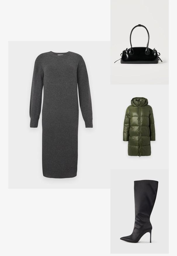 Dunkelgrüne, gepolsterte Parkajacke mit Kapuze, vorderem Reißverschluss, langen Ärmeln und strukturierter, glänzender Oberfläche.; Dunkelgraues Strickkleid mit langen Ärmeln, rundem Ausschnitt und gerippten Bündchen. Knielang und mit glatter Textur. Einfaches Design ohne Muster.; Schwarzer kniehoher Stiletto-Stiefel aus glattem, elegantem Material; spitze Zehe; enganliegend mit subtilen Falten nahe dem Knöchel; glänzender Absatz.; Kleine schwarze glänzende Handtasche mit zwei langen Griffen und seitlichen Kordelzug-Details vor einfachem hellem Hintergrund.