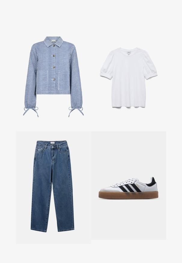 Gestreepte blauwe en witte cropped jas met een knoopsluiting aan de voorkant, lange mouwen met gathered cuffs, twee voorzakken en een klassieke kraag.; Witte top met korte mouwen, een ronde halslijn en pofmouwen. Gemaakt van een gladde stof en voorzien van een label met de tekst "AWARE."; Klassieke blauwe denim jeans met een rechte pijp, vijf zakken en een knoopsluiting. Heeft een middelgrote wasbeurt en stevige textuur.; Witte leren sneakers met zwarte strepen, gumrubberen buitenzool, ronde neus, vetersluiting en een zachte grijze suède neuskap.