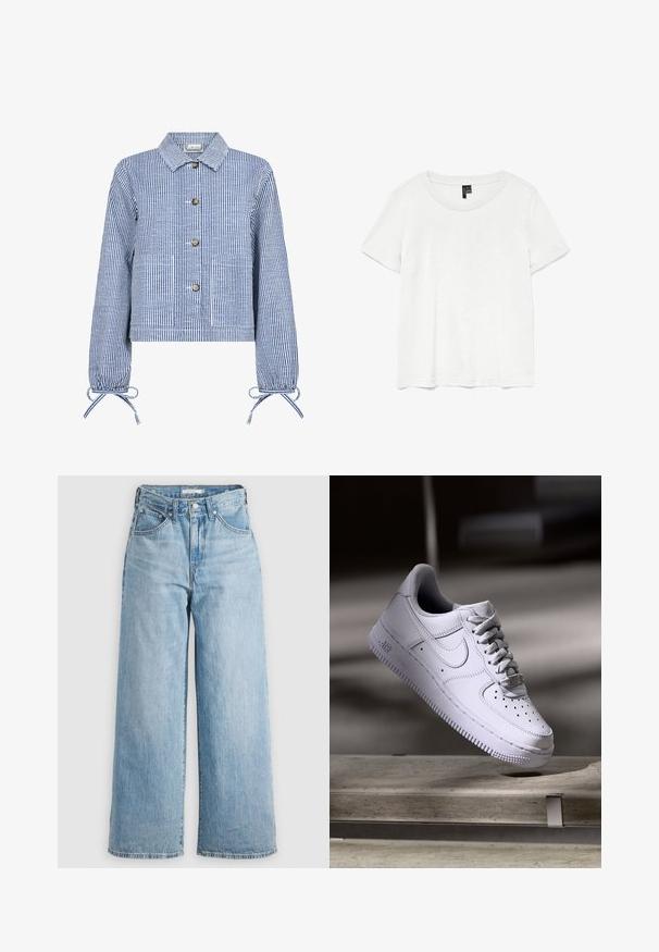 Gestreepte blauwe en witte cropped jas met een knoopsluiting aan de voorkant, lange mouwen met gathered cuffs, twee voorzakken en een klassieke kraag.; Witte t-shirt met korte mouwen en een ronde hals, gemaakt van lichte stof. Eenvoudig ontwerp, gladde textuur en rechte zoom.; Lichtblauwe wijde spijkerbroek met hoge taille, gemaakt van denimstof. Voorzien van een klassieke vijf-pocketontwerp en metalen hardware.; Witte Nike Air Force 1 sneaker die zweeft boven een betonnen oppervlak met schaduwen in een minimalistische setting.