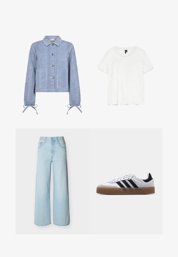 Chaqueta corta a rayas azul y blanca con cierre de botones en la parte delantera, mangas largas con puños fruncidos, dos bolsillos frontales y un cuello clásico.; Camiseta blanca de manga corta con un cuello redondo, hecha de tejido ligero. Diseño simple, textura suave y dobladillo recto.; Vaqueros de pierna ancha en azul claro con cierre frontal de botón y cremallera, trabillas para cinturón y diseño clásico de cinco bolsillos.; Zapatillas de cuero blancas con rayas negras, suela de goma, puntera redonda, cierre de cordones y caperuza de ante gris suave.