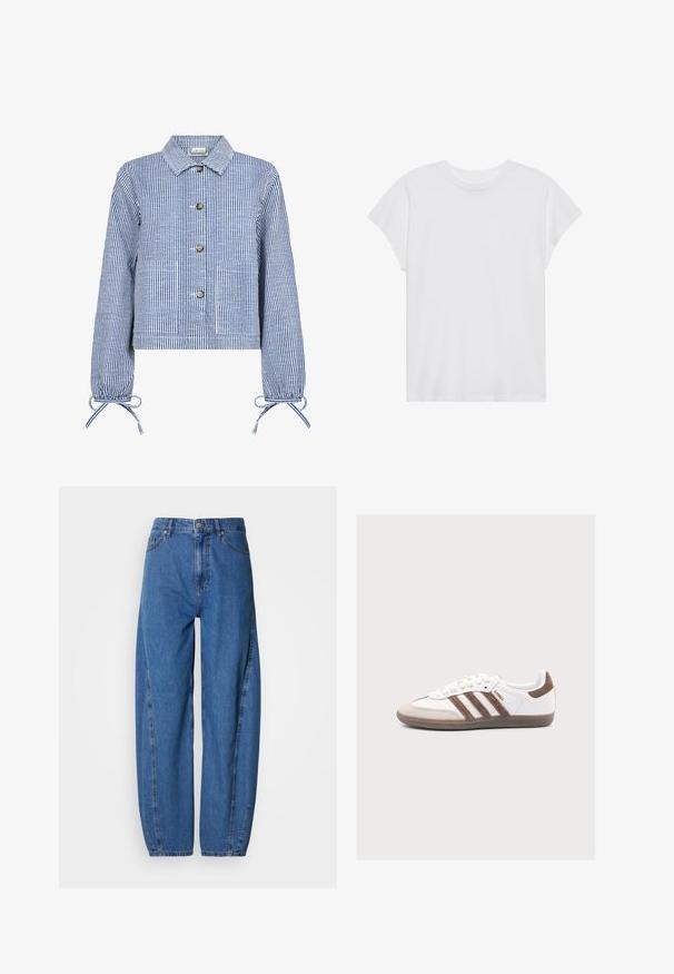 Gestreifte blaue und weiße cropped Jacke mit Knopfverschluss, langen Ärmeln mit gerafften Manschetten, zwei frontalen Taschen und klassischem Kragen.; Weißes kurzärmliges T-Shirt mit Rundhalsausschnitt, lockerer Passform, aus weichem Baumwollstoff. Glatte Textur, keine Muster oder Logos.; Blaue Jeans aus Denim mit weitem Schnitt, hoher Taille, zwei Fronttaschen und geradem Bein. Absteppungen entlang der Nähte.; Weißer Adidas Samba Sneaker mit braunen Veloursstreifen, brauner Velourspitze und Gummisohle auf hellgrauem Hintergrund.