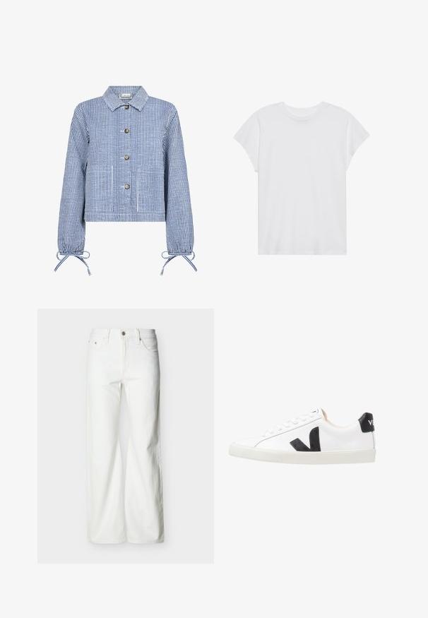 Gestreepte blauwe en witte cropped jas met een knoopsluiting aan de voorkant, lange mouwen met gathered cuffs, twee voorzakken en een klassieke kraag.; Witte t-shirt met korte mouwen, ronde hals, relaxte pasvorm, gemaakt van zacht katoen. Glad textuur, geen patronen of logo's.; Witte jeans met rechte pijpen en hoge taille, voorzien van een knoopsluiting aan de voorkant, rits, en zij- en achterzakken, tegen een effen lichte achtergrond.; Witte sneaker met een zwart V-logo, voorzien van een gladleren bovenwerk, ronde neus, vetersluiting en een contrasterende zwarte hieltab.