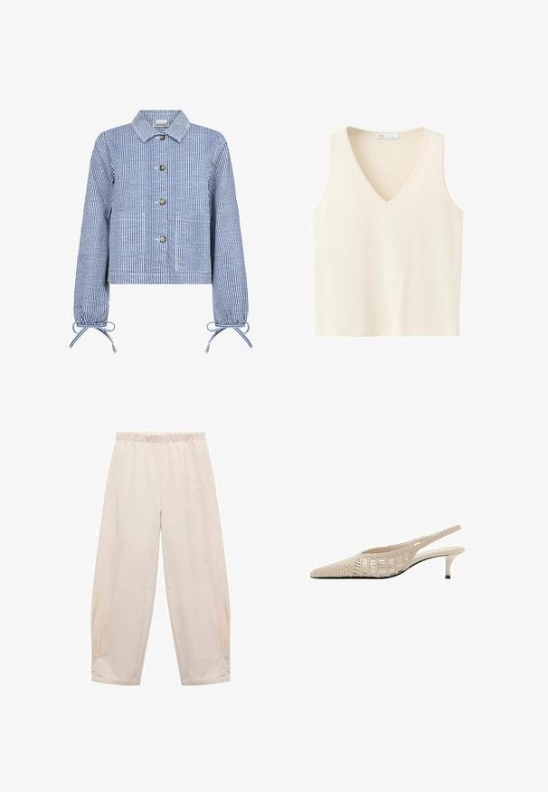 Gestreifte blaue und weiße cropped Jacke mit Knopfverschluss, langen Ärmeln mit gerafften Manschetten, zwei frontalen Taschen und klassischem Kragen.; Hellbeige gestrickte ärmellose Weste mit V-Ausschnitt aus weichem Stoff, flach auf weißem Hintergrund ausgelegt.; Hosen mit elastischem Bund in Hellbeige. Aus weichem Stoff gefertigt, mit Seitentaschen und einem entspannten, lockeren Schnitt. An den Knöcheln schmal zulaufend.; Beiger geflochtener Lederslingback mit spitzer Spitze und niedrigem Kittenabsatz.