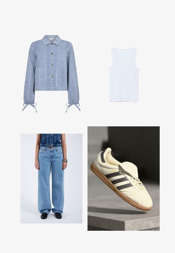 Stribet blå og hvid cropped jakke med knaplukning foran, lange ærmer med indsamlede manchetter, to forlommer og en klassisk krave.; Hvid ærmeløs tanktop med rund halsudskæring, lagt fladt på en hvid baggrund.; Person iført lyseblå vidde jeans, en ærmeløs mørkeblå denimvest, sorte sko og et chunky sølvarmbånd på højre håndled.; Cremefarvede lædersneakers med tre mørke striber, en brun gummisål og en afrundet tå. Har en foldbar tunge mærket "SAMBA."