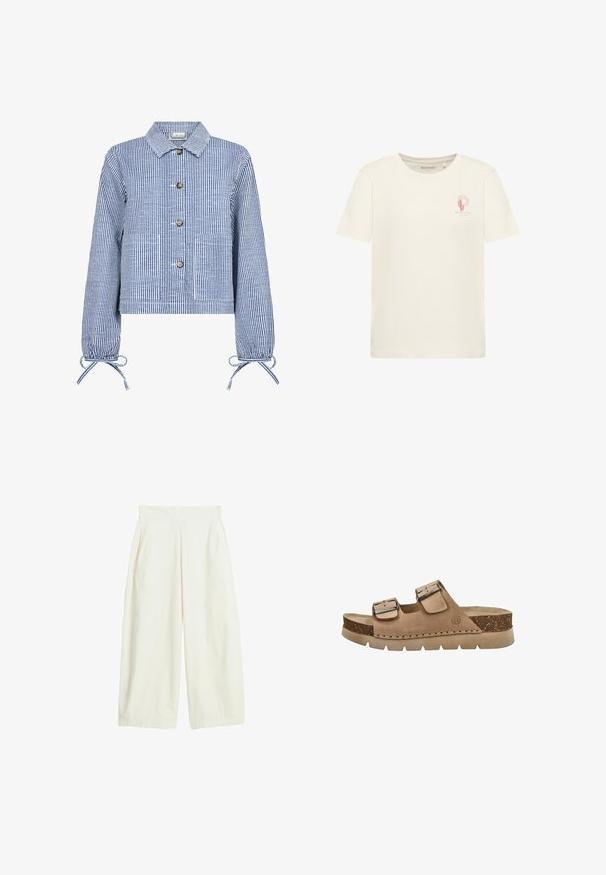 Stribet blå og hvid cropped jakke med knaplukning foran, lange ærmer med indsamlede manchetter, to forlommer og en klassisk krave.; Kortærmet T-shirt i cremefarve med rund hals, med en lille rød kaktus og teksten "MUSTANG" på øverste venstre bryst.; Kremfarvede vidde bukser med høj talje og sidelommer, vist fladt på hvid baggrund.; Afslappet tan-ruskind slidssandal med to justerbare spænder i metal og en tyk, tekstureret sål med et mellemlag af kork.