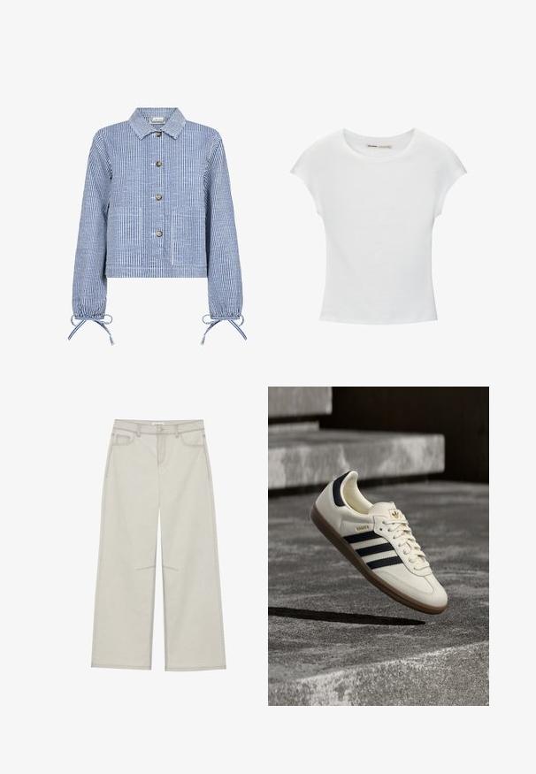 Stribet blå og hvid cropped jakke med knaplukning foran, lange ærmer med indsamlede manchetter, to forlommer og en klassisk krave.; Hvid bomuld t-shirt med korte, opsmøgede ærmer, rund halsudskæring og lige kant. Glat tekstur uden synlige mønstre eller detaljer.; Lysegrå bredbenede bukser med fem lommer, frontknaplukning og kontrastsyninger langs sømmen. Stoffet ser blødt og slidstærkt ud.; Hvid Adidas Samba sneaker med sorte striber og gummsål, svævende over teksturerede grå betonstrin.