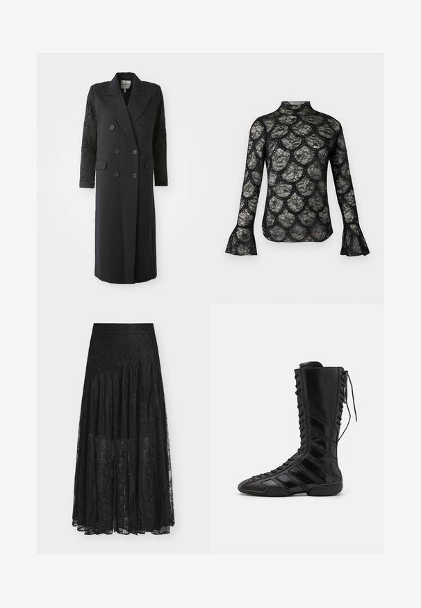 Manteau noir croisé avec un col prononcé, six boutons et des détails perlés sur les manches. Tissu lisse avec une coupe cintrée et une longueur longue.; Haut en dentelle noire avec col montant et manches longues évasées, présentant un motif festonné sur tout le tissu.; Jupe en dentelle noire avec un design fluide et à volants. Comprend une ceinture, des motifs floraux délicats et une texture transparente. La longueur s'étend jusqu'au milieu du mollet.; Bottes montantes noires en matériau synthétique brillant, présentant un design de laçage sophistiqué et des accents de rayures diagonales sur les côtés.