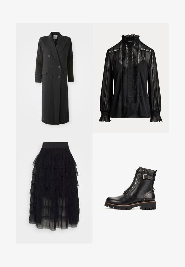 Manteau noir croisé avec un col prononcé, six boutons et des détails perlés sur les manches. Tissu lisse avec une coupe cintrée et une longueur longue.; Blouse noire transparente à manches longues avec garniture en dentelle, col montant à volants, plis verticaux, ouverture boutonnée devant et poignets élastiqués à volants.; Jupe en tulle noir avec des volants superposés, taille élastique et texture transparente. Design fluide avec des longueurs de volants variées.; Bottine en cuir noir avec laçage à l’avant, bride avec boucle dorée, petits clous dorés et semelle crantée épaisse.