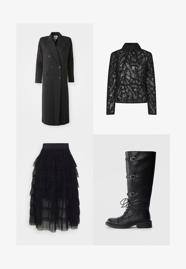Manteau noir croisé avec un col prononcé, six boutons et des détails perlés sur les manches. Tissu lisse avec une coupe cintrée et une longueur longue.; Veste en dentelle noire avec un motif floral texturé, col montant, manches longues et design court. Matériau transparent avec des détails complexes.; Jupe en tulle noir avec des volants superposés, taille élastique et texture transparente. Design fluide avec des longueurs de volants variées.; Bottines en cuir noir, hautes jusqu'au genou, avec un laçage sur le devant, trois accents de boucles, un bout rond et un petit talon carré. Texture lisse avec une finition mate.