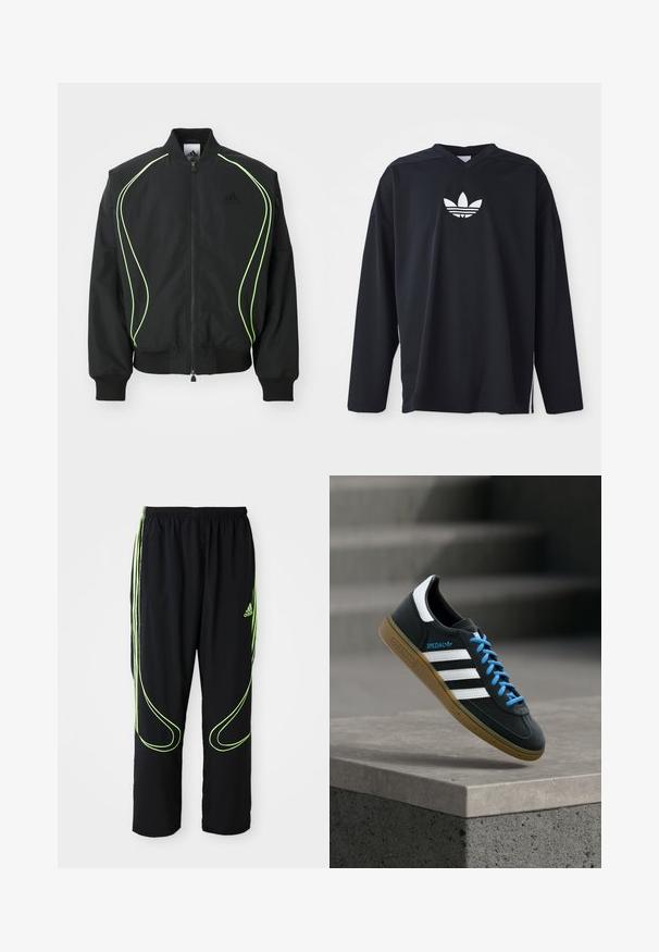 Μαύρο bomber jacket με φωσφορούσα πράσινη ραφή, ριγωτούς κορμούς και γιακά. Διαθέτει φερμουάρ μπροστά και τσέπη με φερμουάρ στο πλάι. Κατασκευασμένο από ελαφρύ υλικό.; Μαύρη μακρυμάνικη μπλούζα από πλέγμα, με V-ντεκολτέ και λευκό λογότυπο Adidas trefoil στο στήθος. Πλευρές με σχισμές στο στρίφωμα.; Μαύρα αθλητικά παντελόνια Adidas με νεον πράσινες καμπύλες γραμμές και τρεις ρίγες στα πλάγια, ελαστική μέση και λογότυπο Adidas στο μπροστινό μπούστο.; Μαύρο αθλητικό παπούτσι Adidas με λευκές ρίγες, μπλε κορδόνια και καουτσούκ σόλα να αιωρείται πάνω από γκρίζο τσιμεντένιο σκαλοπάτι σε απαλό φως.