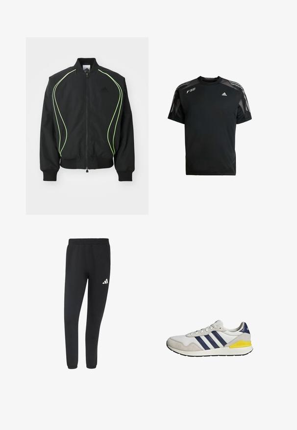 Veste bomber noire avec des passepoils vert fluo, des poignets et un col côtelés. Présente une fermeture éclair à l'avant et une poche zippée sur le côté. Fabriquée en matériau léger.; T-shirt de sport noir en tissu léger, avec des panneaux en maille sur les épaules, des manches courtes et des logos blancs adidas et F50.; Pantalon de jogging athlétique noir avec taille et poignets élastiques, avec un petit logo blanc Adidas sur la cuisse droite.; Baskets Adidas blanches et grises avec des bandes bleu marine et un accent jaune au talon, vues de profil sur un fond blanc.