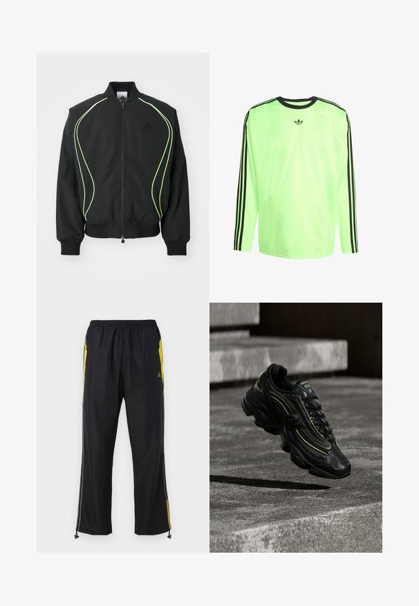 Čierna bombr jacket s neonovo zeleným lemovaním, rebrovanými manžetami a golierom. Má predný zips a bočné vrecko na zips. Vyrobené z ľahkého materiálu.; Dlhý rukáv športovej košele v fluorescenčne zelenej farbe s čiernymi pruhmi na rukávoch a čiernym logom na hrudi. Hladká, syntetická tkanina.; Čierne športové nohavice s žltými bočnými akcentmi, elastickým pásom a zipsovými bočnými vreckami. Vyrobené z ľahkej, hladkej tkaniny.; Čierna teniska New Balance s neonovo zelenými akcentmi vznášajúca sa nad sivými betónovými schodmi v tlmenom svetle.
