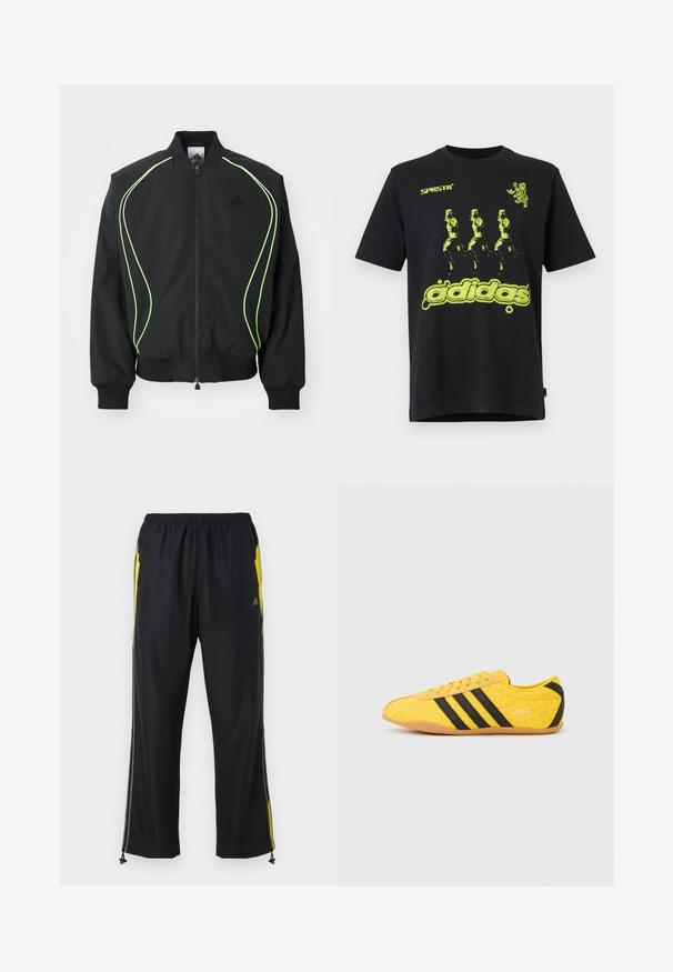Schwarze Bomberjacke mit neongrüner Paspelierung, gerippten Bündchen und Kragen. Verfügt über einen Reißverschluss vorne und eine seitliche Reißverschlusstasche. Hergestellt aus leichtem Material.; Schwarzes Baumwoll-T-Shirt mit einem leuchtend grünen Grafikdesign, das drei Figuren und den Text "adidas" am unteren Rand zeigt. Rundhalsausschnitt-Stil.; Schwarze Sporthosen mit gelben Seitenakzenten, elastischem Bund und mit Reißverschlüssen versehenen Seitentaschen. Hergestellt aus leichtem, glattem Stoff.; Gelber Sportschuh mit strukturiertem Obermaterial, verziert mit schwarzen Streifen und Logo. Abgerundete Spitze, weiche Sohle und Zickzackmuster auf dem Material.