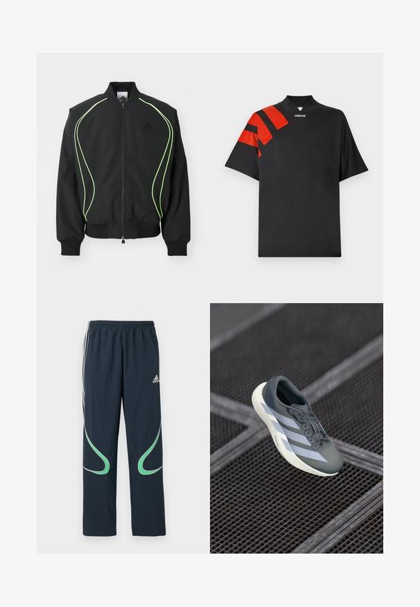 Sort bomberjakke med neongrønne detaljer, ribbede manchetter og krave. Har lynlås foran og sidelomme med lynlås. Lavet af letvægtsmateriale.; Sort kortærmet t-shirt med høj krave, med røde blanke accenter og diagonale striber på venstre skulder. Glat tekstur.; Marinen track pants lavet af letvægtsstof, med hvide striber på siderne og grønne buede detaljer. Elastisk talje for komfort.; Sportssko i grå og hvid, lavet af syntetisk materiale, med et strømlinet design, tekstureret overflade og fremtrædende snøresystem.