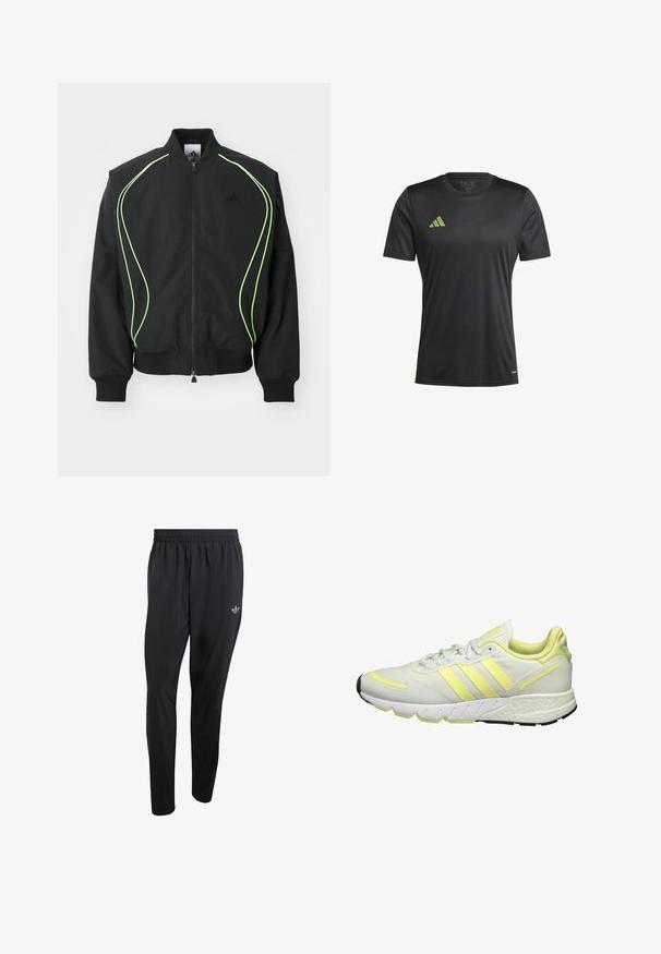 Zwarte bomberjack met neon groene piping, ribgebreide manchetten en kraag. Voorzien van een rits aan de voorkant en een zijzak met rits. Gemaakt van lichtgewicht materiaal.; Zwart Adidas sportshirt met korte mouwen, groen logo op de borst en meshstof op de mouwen, met ronde halslijn.; Zwarte sportbroek gemaakt van lichtgewicht materiaal, voorzien van een elastische tailleband en een klein reliëflogo op het bovenste gedeelte van het linkerbeen.; Witte sportschoen met gele accenten, met een gladde bovenkant, een gestructureerde zool en drie strepen aan de zijkant voor branding.