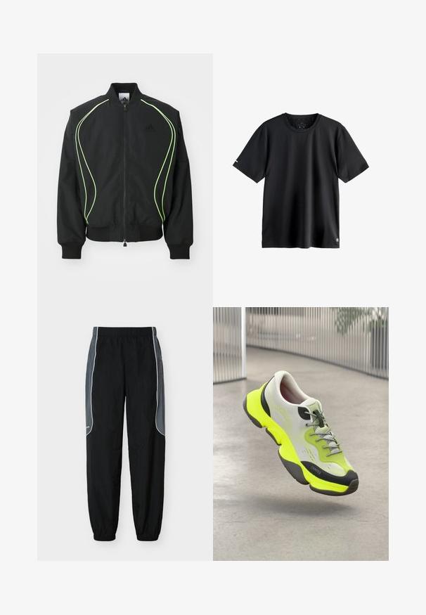 Schwarze Bomberjacke mit neongrüner Paspelierung, gerippten Bündchen und Kragen. Verfügt über einen Reißverschluss vorne und eine seitliche Reißverschlusstasche. Hergestellt aus leichtem Material.; Schlichtes schwarzes kurzärmliges Sport-T-Shirt mit Rundhalsausschnitt, mittlerem Größenetikett im Halsausschnitt und kleinem Logo am unteren linken Saum.; Schwarze Jogginghosen mit dunkelgrauen Seitenpaneelen und weißer Paspelierung, elastischem Bund und Bündchen, vor weißem Hintergrund gezeigt.; Weißer und neongelber Sportschuh mit grauen Schnürsenkeln, der über einem polierten Betonboden in einer modernen, metallischen Innenumgebung schwebt.
