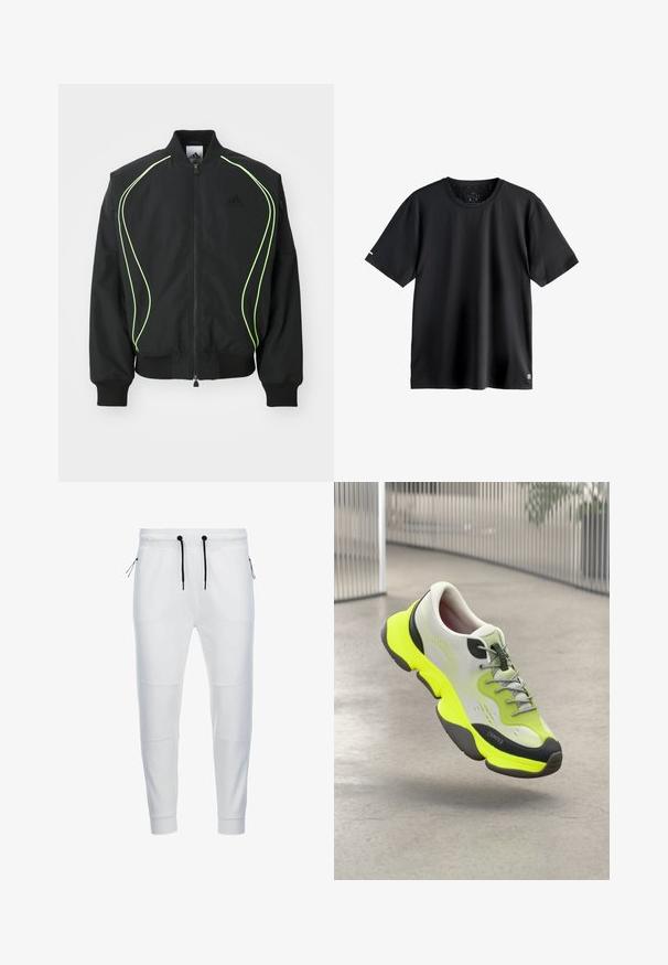 Zwarte bomberjack met neon groene piping, ribgebreide manchetten en kraag. Voorzien van een rits aan de voorkant en een zijzak met rits. Gemaakt van lichtgewicht materiaal.; Effen zwarte korte mouwen sport-T-shirt met een ronde hals, medium maatlabel binnen in de halslijn en klein logo op de onderste linkerbies.; Witte joggers van zachte stof, met een elastische tailleband en zwarte trekkoorden, en subtiele naaddetails op de benen.; Witte en neon gele sportschoen met grijze veters zwevend boven een gepolijste betonvloer in een moderne, metalen binnenomgeving.