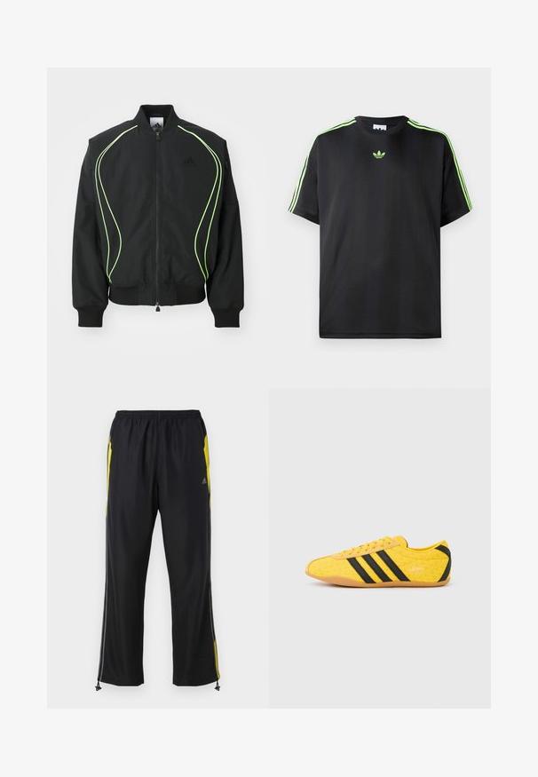 Čierna bombr jacket s neonovo zeleným lemovaním, rebrovanými manžetami a golierom. Má predný zips a bočné vrecko na zips. Vyrobené z ľahkého materiálu.; Čierne tričko z hladkej tkaniny s okrúhlym výstrihom, s tromi zelenými pruhmi na ramenách a malým zeleným logom na hrudi.; Čierne športové nohavice s žltými bočnými akcentmi, elastickým pásom a zipsovými bočnými vreckami. Vyrobené z ľahkej, hladkej tkaniny.; Žltá športová obuv s textúrovaným zvrškom, s čiernymi pruhmi a logom. Zaoblená špička, mäkká podrážka a vzor v tvare cik-cak na materiáli.
