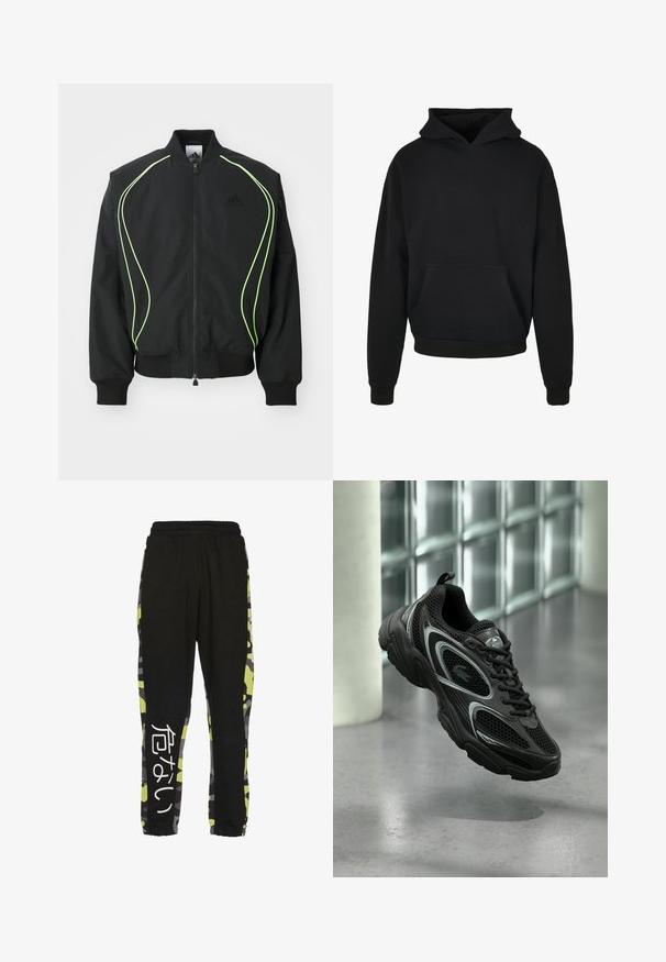 Zwarte bomberjack met neon groene piping, ribgebreide manchetten en kraag. Voorzien van een rits aan de voorkant en een zijzak met rits. Gemaakt van lichtgewicht materiaal.; Zwarte hoodie met een voorvak, ribgebreide manchetten en zoom, gemaakt van zachte stof, met een losse pasvorm en minimalistisch design.; Dangerous DNGRS EVEN JOGGING - Trainingsbroek - black white camo; Zwarte sportschoen van mesh en synthetisch materiaal, met een gestructureerde zool, slank ontwerp, zilveren accenten en een vetersluiting aan de voorkant.