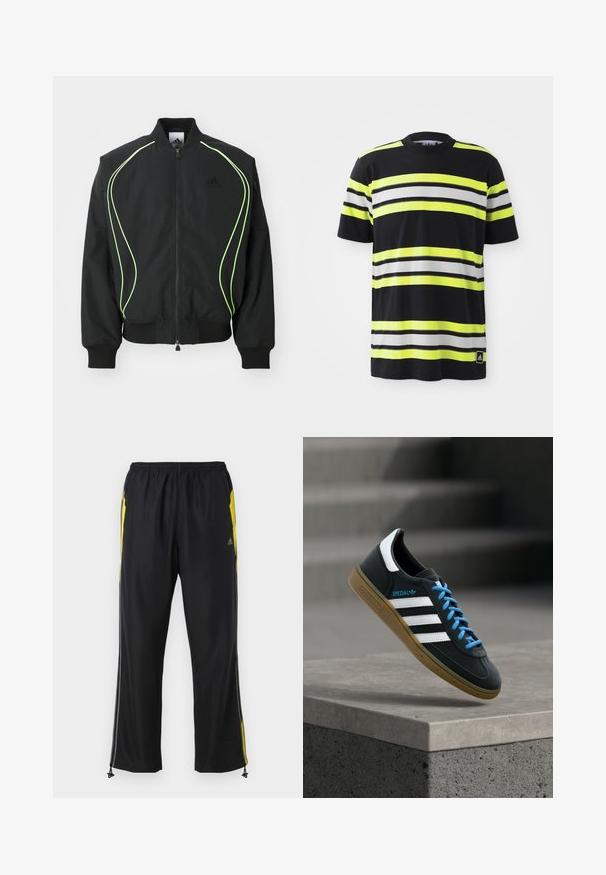 Schwarze Bomberjacke mit neongrüner Paspelierung, gerippten Bündchen und Kragen. Verfügt über einen Reißverschluss vorne und eine seitliche Reißverschlusstasche. Hergestellt aus leichtem Material.; Schwarzes T-Shirt mit horizontalen Streifen in Neon-Gelb, Weiß und Schwarz. Verfügt über einen Rundhalsausschnitt und ein Adidas-Logo unten links.; Schwarze Sporthosen mit gelben Seitenakzenten, elastischem Bund und mit Reißverschlüssen versehenen Seitentaschen. Hergestellt aus leichtem, glattem Stoff.; Schwarzer Adidas-Sneaker mit weißen Streifen, blauen Schnürsenkeln und Gummisohle, der über einer grauen Betontreppe im weichen Licht schwebt.