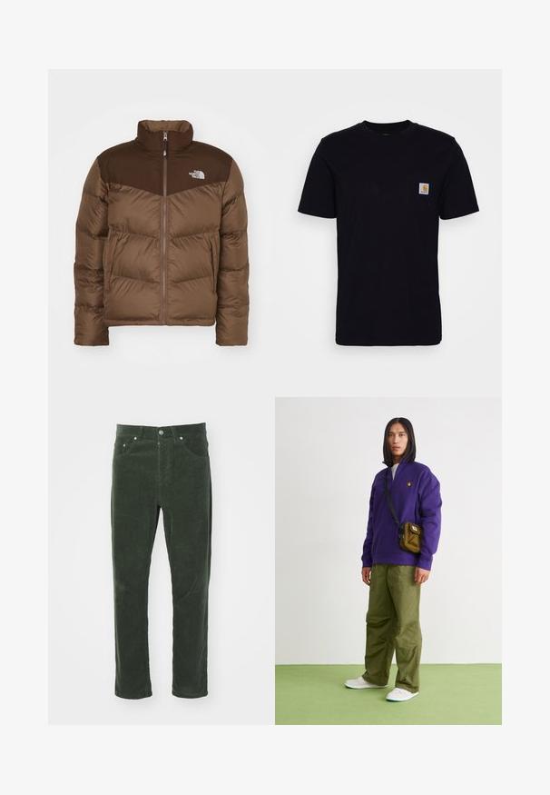 Veste matelassée marron avec fermeture éclair à l'avant, col haut et une accentuation marron plus foncé au niveau des épaules. Comprend le logo sur la poitrine gauche.; T-shirt en coton noir à manches courtes, col rond et poche poitrine avec un petit patch logo carré. Design simple et uni.; Pantalons en velours côtelé verts avec une coupe droite, comportant cinq poches, une fermeture à bouton en métal et une surface rayée texturée.; Jordan AIR JORDAN 1 ZM CMFT 2 - Baskets montantes - summit white/bicoastal/oxidized green