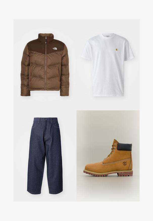 Veste matelassée marron avec fermeture éclair à l'avant, col haut et une accentuation marron plus foncé au niveau des épaules. Comprend le logo sur la poitrine gauche.; T-shirt en coton blanc à manches courtes, col rond, avec un petit logo doré sur la poitrine gauche. Texture douce et coupe régulière.; Jean en denim bleu foncé avec une coupe ample et des jambes larges. Comprend une fermeture à bouton, des poches avant et des accents de couture visibles.; Bottine en cuir marron avec col noir, lacets jaunes et semelle beige. Présente un logo et des détails de couture blanche. Semelle extérieure à traction robuste.