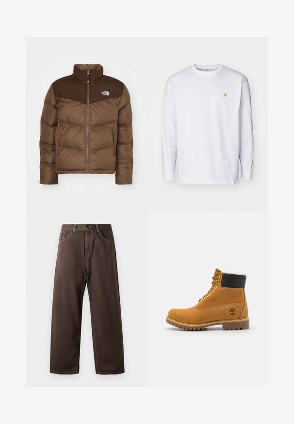 Bruine pufferjas met een rits aan de voorkant, een hoge kraag en een donkerdere bruine accent bij de schouders. Inclusief het logo op de linkerborst.; Witte lange mouwen t-shirt van katoen. Voorzien van een klein gouden logo op de borst en een ronde hals. Eenvoudig ontwerp en standaard pasvorm.; Bruine wijde broek van katoen, met een klassiek vijf-pocketdesign, een ritsgulp en zichtbare stikseldetails.; Bruine leren enkellaars met metalen oogjes, witte faux bont voering, zwarte gewatteerde kraag, robuuste zool en een reliëflogo aan de zijkant.