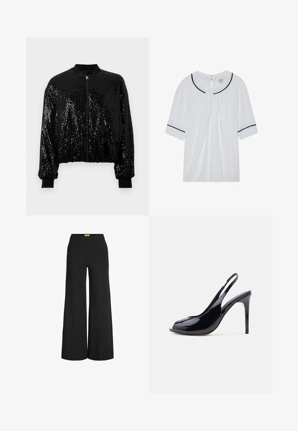 Veste bomber noire ornée de paillettes, avec fermeture éclair à l'avant, col et poignets côtelés, et coupe courte.; Blouse blanche à manches courtes avec un col rond, ornée de bordures noires le long du col et des manches, et d'une fermeture par œillet dans le dos.; Pantalon noir à jambes larges avec taille haute et détails de coutures verticales à l'avant.; Chaussure à talon haut à bride arrière en cuir verni noir avec bout ouvert et talon aiguille, sur fond blanc uni.