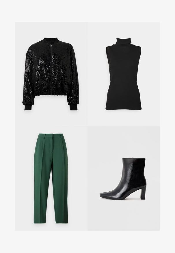 Veste bomber noire ornée de paillettes, avec fermeture éclair à l'avant, col et poignets côtelés, et coupe courte.; Top noir sans manches en maille côtelée, avec un col haut et une silhouette ajustée. Texture lisse avec un minimum de détails.; Pantalon vert au design structuré, avec un devant plat, des jambes droites et une texture lisse. Pas de poches visibles ni d'embellissements.; Bottine noire en cuir brillant, avec un bout pointu et un talon carré moyen, présentant une texture lisse et un design simple.