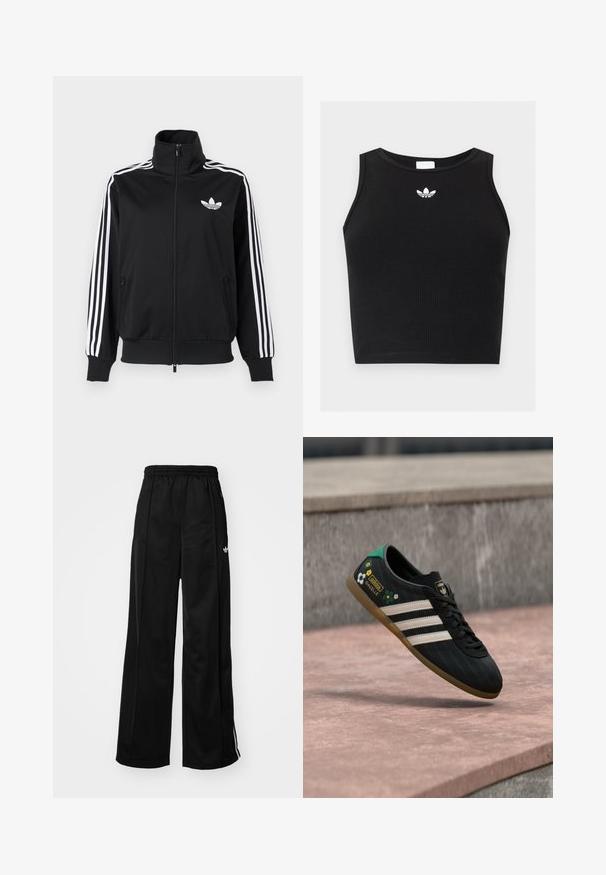 Black zip-up jacket made of smooth fabric, featuring white three-stripe accents on sleeves and a small white logo on the chest.; Black ribbed sleeveless crop top with round neckline and small white Adidas trefoil logo centered near collar.; Black wide-leg track pants with an elastic waistband, featuring white side stripes and a small logo on the left hip. Smooth fabric texture.; Black athletic shoe with white stripes, patterned upper, featuring floral accents and a green heel. Rubber sole providing traction.