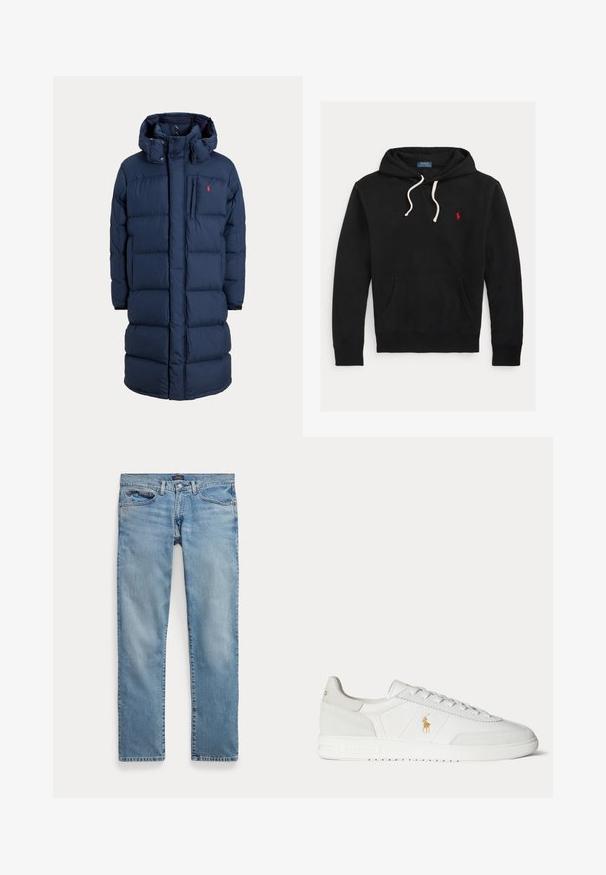 Abrigo de invierno largo acolchado azul marino con capucha, cremallera frontal, bolsillo en el pecho y pequeño logo rojo en la zona izquierda del pecho.; Sudadera negra con capucha y cordones blancos, bolsillo delantero y pequeño logo rojo de Polo Ralph Lauren en el pecho.; Vaqueros de mezclilla azul claro de corte recto con bolsillos delanteros y cierre de botón, colocados planos sobre un fondo blanco.; Zapatilla blanca de caña baja con diseño de cordones, logo dorado de Polo Ralph Lauren en el lateral y suela texturizada sobre un fondo liso.