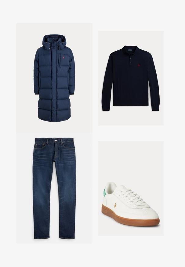 Marineblauwe lange gewatteerde winterjas met capuchon, rits aan de voorkant, borstzak en een klein rood logo op het linker borstgebied.; Marineblauw poloshirt met lange mouwen van zachte stof, voorzien van een klassieke kraag, drie knopen en een klein rood paardenlogo op de borst.; Donkerblauwe slim-fit jeans met subtiele vervaging op de dijen, ontwerp met vijf zakken en een knoopsluiting in de tailleband.; Witte sneaker met veters, bruine rubberen zool, groene hieltab en klein goudkleurig polo-spelerlogo aan de buitenkant.