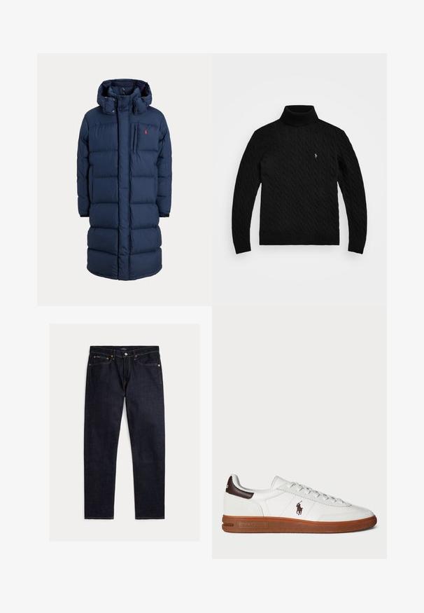 Marineblauwe lange gewatteerde winterjas met capuchon, rits aan de voorkant, borstzak en een klein rood logo op het linker borstgebied.; Polo Ralph Lauren CABLE WOOL CASHMERE ROLL NECK JUMPER - Trui - black; Donker indigoblauwe rechte jeans met vijf zakken, knoop- en ritsluiting en contrasterende oranje stiksels op een effen achtergrond.; Witte low-top sneaker met een bovenwerk van gestructureerd leer, bruine accenten op de hiel en een rubberen zool. Kenmerkt een geborduurd logo aan de zijkant.