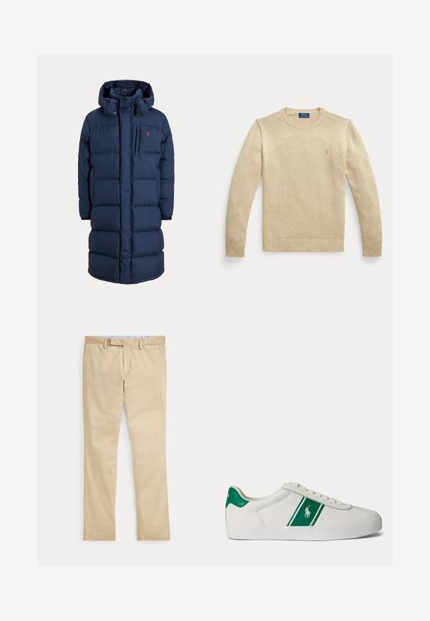 Marineblauer langer gepolsterter Wintermantel mit Kapuze, Frontreißverschluss, Brusttasche und kleinem roten Logo auf der linken Brustseite.; Beiger Langarm-Strickpullover mit Rundhalsausschnitt, gerippten Bündchen und Saum, mit kleinem besticktem Polo Ralph Lauren Logo auf der Brust.; Beige gerade Hose mit Gürtelschlaufen und einem vorderen Reißverschluss, flach auf weißem Hintergrund gelegt.; Weißer Sneaker in Low-Top-Form mit grünem Streifen und Polo-Logo an der Seite, grünem Fersenlaschen und weißen Schnürsenkeln, von der linken Seite vor neutralem Hintergrund dargestellt.