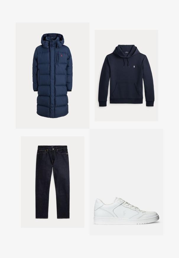 Abrigo de invierno largo acolchado azul marino con capucha, cremallera frontal, bolsillo en el pecho y pequeño logo rojo en la zona izquierda del pecho.; Sudadera con capucha azul navy oscuro con bolsillo canguro delantero, capucha con cordón, mangas largas y pequeño logo blanco de Polo Ralph Lauren en el pecho.; Vaqueros rectos de índigo oscuro con cinco bolsillos, cierre de botón y cremallera, y costuras naranjas en contraste sobre un fondo liso.; Zapatilla de cuero blanca con textura suave, que presenta una puntera perforada, cierre de cordones y logo bordado en el lateral. Suela de goma blanca.