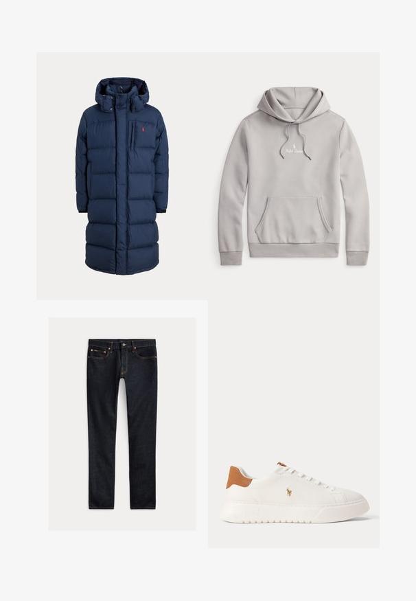Marineblauwe lange gewatteerde winterjas met capuchon, rits aan de voorkant, borstzak en een klein rood logo op het linker borstgebied.; Lichtgrijze Ralph Lauren hoodie met een voorzak in kangoeroestijl, een capuchon met trekkoord en een klein wit geborduurd logo op de borst.; Donkerblauwe slim-fit jeans met vijf zakken, knoopsluiting en contrasterende stiksels, plat gelegd op een lichte achtergrond.; Witte lage sneaker met beige hieltab, witte veters en klein geborduurd polo spelerlogo aan de zijkant boven een dikke zool.