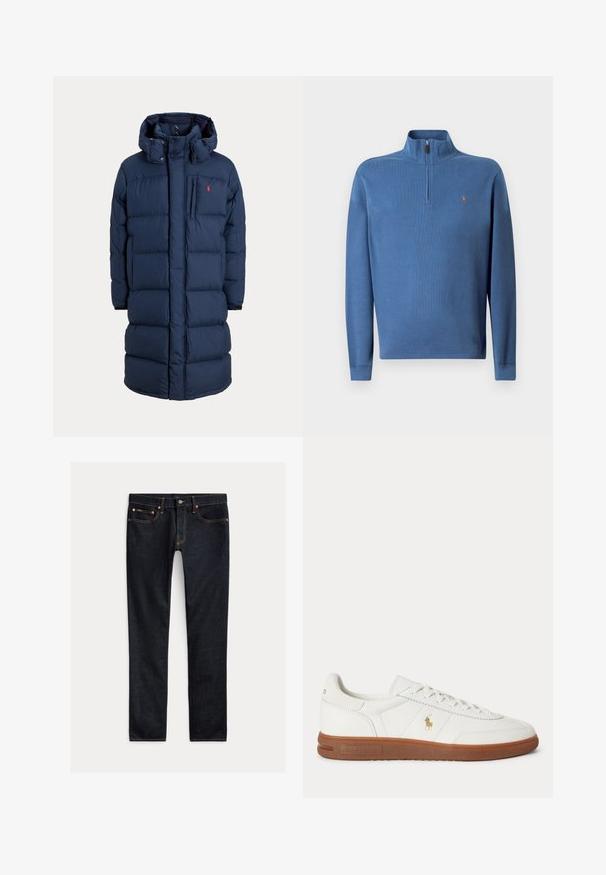 Marineblauer langer gepolsterter Wintermantel mit Kapuze, Frontreißverschluss, Brusttasche und kleinem roten Logo auf der linken Brustseite.; Blaues Pullover-Sweatshirt mit einem halben Reißverschlusskragen, gerippten Bündchen und einem kleinen gestickten Logo auf der Brust. Hergestellt aus weichem Stoff mit glatter Textur.; Dunkelblaue Slim-Fit-Jeans mit fünf Taschen, Knopfverschluss und Kontrastnähten, flach auf hellem Hintergrund ausgelegt.; Weißer Sneaker mit niedrigem Schnitt, brauner Sohle, Schnürung vorne und kleinem goldfarbenem Polo Ralph Lauren Logo an der Seite.