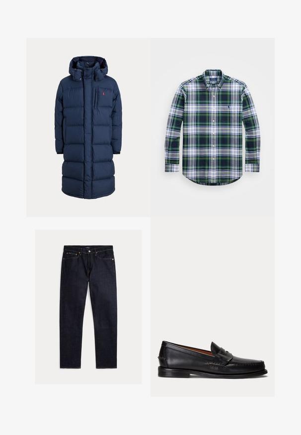 Abrigo de invierno largo acolchado azul marino con capucha, cremallera frontal, bolsillo en el pecho y pequeño logo rojo en la zona izquierda del pecho.; Camisa de cuadros en verde, azul y blanco, de manga larga y con botones, con un bolsillo en el pecho y dobladillo curvado. La tela tiene una textura suave. Logo de Polo en el bolsillo.; Vaqueros rectos de índigo oscuro con cinco bolsillos, cierre de botón y cremallera, y costuras naranjas en contraste sobre un fondo liso.; Mocasín negro de cuero con tacón bajo y detalle de correa para moneda, mostrado de lado sobre un fondo gris claro.