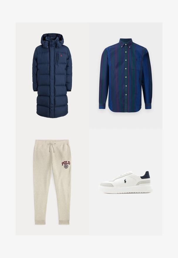 Marineblauwe lange gewatteerde winterjas met capuchon, rits aan de voorkant, borstzak en een klein rood logo op het linker borstgebied.; Overhemd met knoopsluiting en verticale strepen in donkerblauw, groen en kastanjebruin. Gemaakt van stof met een soepele textuur en voorzien van een borstzak.; Beige joggingbroek met trekkoord, zijzakken en rood "POLO"-logo en embleem op de bovenste linker dij.; Witte lage sneaker met zwarte hielkap, grijze suède accenten, dikke zool en zwart Polo-logo aan de buitenkant.