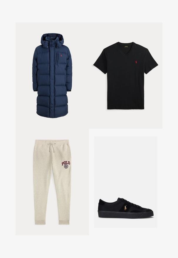 Abrigo de invierno largo acolchado azul marino con capucha, cremallera frontal, bolsillo en el pecho y pequeño logo rojo en la zona izquierda del pecho.; Camiseta negra de manga corta con escote en V y pequeño logo rojo de Polo Ralph Lauren en el pecho izquierdo.; Pantalones deportivos beige con cordón, bolsillos laterales y logo y emblema rojo "POLO" en la parte superior del muslo izquierdo.; Zapatillas negras con parte superior de tela y ante, puntera redondeada, suela de goma plana y logo bordado en el lateral. Diseño de cordones con seis ojales.