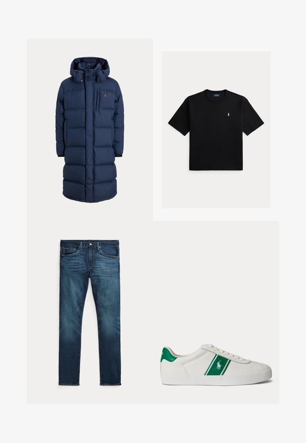 Marineblauwe lange gewatteerde winterjas met capuchon, rits aan de voorkant, borstzak en een klein rood logo op het linker borstgebied.; Zwarte T-shirt met korte mouwen en ronde hals met een klein wit Polo Ralph Lauren paardenlogo op de linkerborst.; Donkerblauwe slim-fit jeans met vooraan een knoop en ritssluiting, vijf zakken en subtiel vervagen op de voorkant van de dijen en knieën.; Witte lage sneaker met groene streep en Polo-logo aan de zijkant, groene hieltab en witte veters, vanaf de linkerkant getoond op een effen achtergrond.