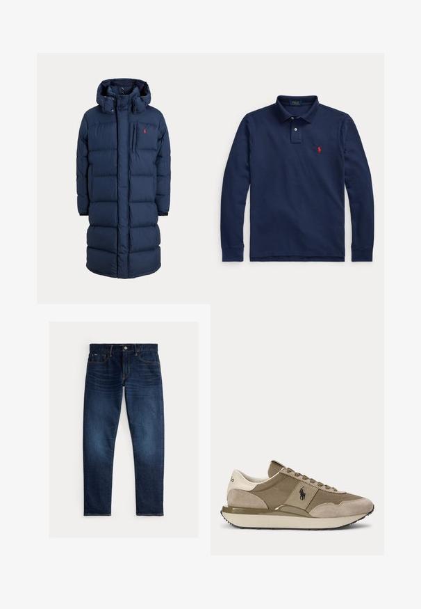 Marineblå lang polstret vinterjakke med hætte, lynlås foran, brystlomme og lille rød logo på venstre brystområde.; Navyblå langærmet poloshirt med krave, to knapper og rødt broderet logo på venstre bryst.; Mørkeblå denimjeans med lige ben, som har en klassisk fem-lommer-opbygning og kontrastsyninger. Knappelukning foran synlig.; Sidevisning af beige og brun sneaker med ruskindsdetaljer og Polo-logo på siden mod en ensfarvet baggrund.