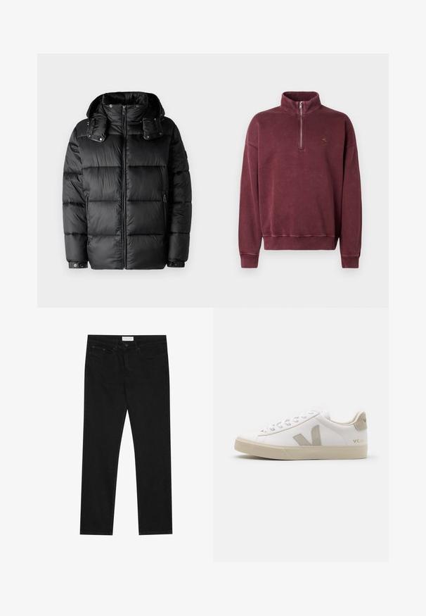 Musthave musta topp suleva kaelusega, lukuga ees ja kahe külgmise lukuga taskuga. Omab polsterdatud osi ja nööbiga mansette. Sile tekstuur.; Burgundia fliisist väljakäik, millel on pooltõmblukk, soonikkoes varrukad ja rindkere peene broderinguga logo. Pehme tekstuur ja mugav disain.; Mustad mustad jalad, viie taskuga disain, nööbiga ja lukuga kinnine, ning Pier One brändi silt vööl.; Valge nahkne tenniseteostus beežide aktsentidega, tasane kummist tald, ümar varvas ja kontrastne logo küljel ja taga. Sidumisdisain.