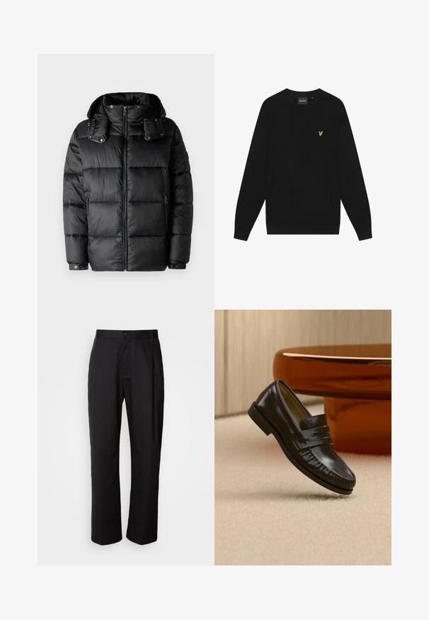 Zwarte pufferjack met een hoge kraag, ritssluiting aan de voorkant en twee zijzakken met rits. Heeft gewatteerde secties en knoopmanchetten. Gladde textuur.; Zwarte katoenen sweatshirt met lange mouwen en een ronde hals. Voorzien van een klein geel adelaarslogo op de borst. Zachte textuur.; Zwarte broek met een rechte snit, gemaakt van lichtgewicht stof. Heeft een frontale knoopsluiting en twee zijzakken; gladde textuur.; Glanzende zwarte leren loafer met een banddetail, geplaatst op een beige tapijt naast een ronde bruine salontafel in een zacht verlichte kamer.