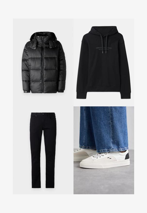 Musthave musta topp suleva kaelusega, lukuga ees ja kahe külgmise lukuga taskuga. Omab polsterdatud osi ja nööbiga mansette. Sile tekstuur.; Musta kapuutsiga sviiter, mis on valmistatud pehmest kangast ja millel on reguleeritav kapuuts ning soonikkoes mansetid. Esiküljel on tumedates toonides tikitud logo.; Emporio Armani POCKETS PANT - Liibuvad teksad - black denim; Valged ja mustad spordijalatsid sileda nahkpealise, tekstuursete aktsentidega ja paksu valge tallaga. Omab klassikalist nööbistamise disaini.